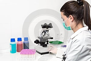 Scientist researcher using microscope in laboratory. Medical healthcare technology and pharmaceutical research and