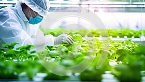 Scientist or researcher working in hydroponic vegetable farm, Hydroponic vegetable concept