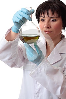 Scientist with round flask