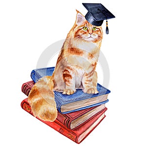 Scientist\'s cat. Books. Graduate hat. Education. Illustration