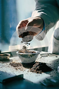 A scientist's hands carefully crushing and sifting a dry soil sample for lab analysis