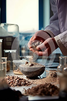 A scientist's hands carefully crushing and sifting a dry soil sample for lab analysis