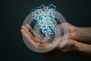 Scientist's hands presenting a glowing AI protein design diffusion model fold visualization