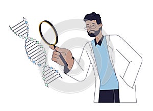 Scientist study DNA helix flat line concept vector spot illustration