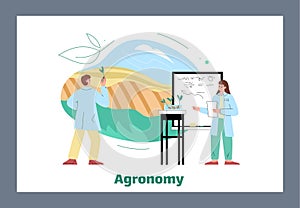 Scientist studying agronomy and writing on board, flat vector illustration isolated on white background.