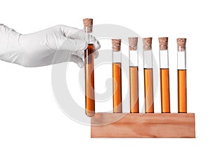 Scientist taking test tube with brown liquid from stand on white background, closeup