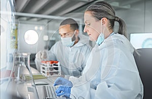 Scientist team, covid research and computer in a pathology lab while typing medical information, analysis and results