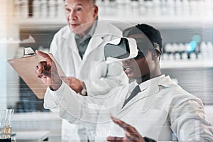 Scientist, team and VR or futuristic glasses for laboratory research, data analytics or healthcare training. Medical