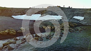 Scientist and tourists on feeding base of walruses on New Earth Vaigach Island.