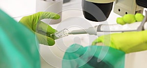 Scientist using a eppendorf for analytical testing in a laboratory. close up