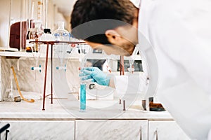 Scientist using lab tools, Test tubes in clinic, pharmacy and medical research laboratory