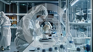 The scientist using microscope. AI generated