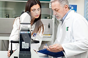 Scientist using a microscope in a laboratory