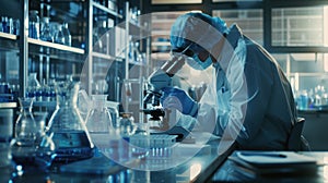 The Scientist Using Microscope. AI generated photo