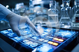 Scientist using touchscreen interface with laboratory equipment in the background