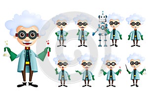 Scientist vector character set. Old genius male inventor holding test tube with various gestures, posses