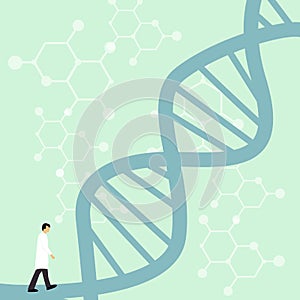 Scientist walking by DNA helix on blue scientific backdrop