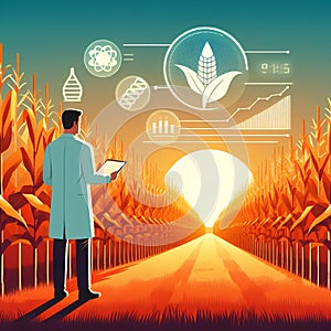 scientist walks at cornfield, carefully examining each stalk for the perfect genetic makeup to create a sustainable biofuel