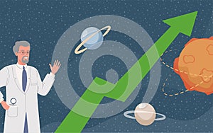 Scientist waving hand vector flat illustration. Space background with planets and stars, green arrow going up.