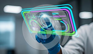 Scientist analyzing futuristic data interface on.