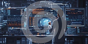 Scientist in lab coat interacting with multiple computer screens displaying data