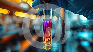 scientist wearing sterile gloves holding a test tube with a colorful liquid inside, laboratory in the background