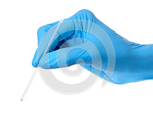 Scientist wears blue rubber gloves hands holding transparent plastic laboratory pipette or dropper isolate on white background