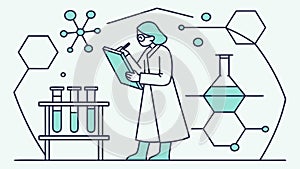Scientist at work with complex chemical structures and data. vector design Generative AI