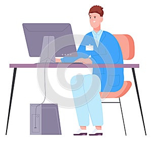 Scientist work at computer desk. Doctor typing on pc