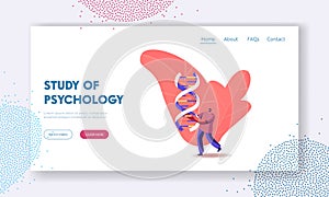 Scientist Working on Anthropology Investigation Landing Page Template. Tiny Male Character Carry Huge Human Dna Spiral photo