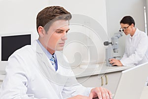 Scientist working attentively with laptop