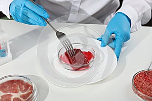 Scientist working with cultured meat in laboratory, closeup