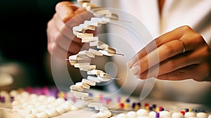 Scientist working on a DNA double helix model in a laboratory