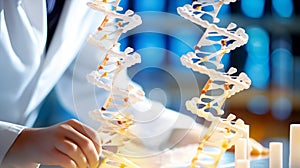 Scientist working on a DNA double helix model in a laboratory