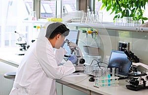 Scientist working in lab. Asian doctor making medical research. Laboratory tools: microscope, test tubes, equipment