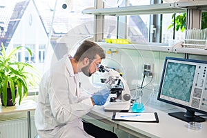 Scientist working in lab. Doctor making microbiology research. Laboratory tools: microscope, test tubes, equipment