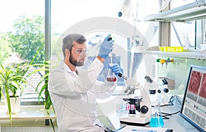 Scientist working in lab. Doctor making microbiology research. Laboratory tools: microscope, test tubes, equipment