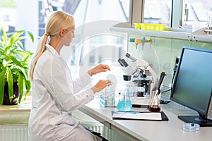 Scientist working in lab. Female doctor making medical research. Laboratory tools: microscope, test tubes, equipment