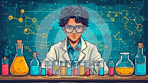 Scientist working in a lab. Laboratory equipment drawing, glass bottles and flasks