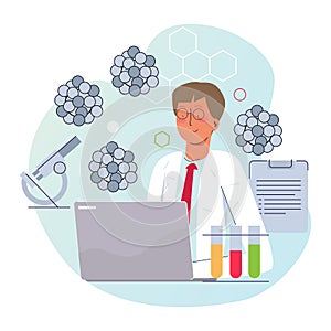 Scientist working on lab with microscope corona virus research science biotechnology wearing coat with laptop