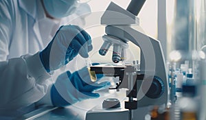 A scientist is working in a lab with a microscope and a pipette by AI generated image