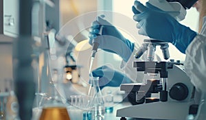 A scientist is working in a lab with a microscope and a pipette by AI generated image