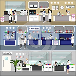 Scientist working in laboratory vector illustration. Science lab interior. Biology, Physics and Chemistry education