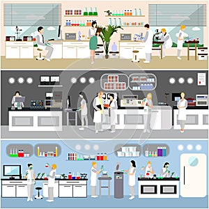 Scientist working in laboratory vector illustration. Science lab interior. Biology, Physics and Chemistry education