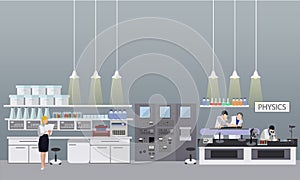 Scientist working in laboratory vector illustration. Science lab interior. Physics education concept. photo