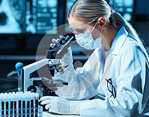 Scientist working in modern lab. Doctor making microbiology research. Laboratory tools: microscope, test tubes