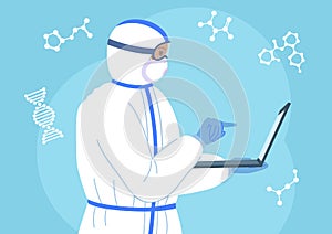 Scientist works laptop protective suit mask vector