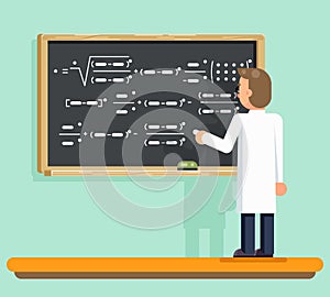 Scientist writes down mathematic formula scientific physical calculations board flat design vector illustration photo