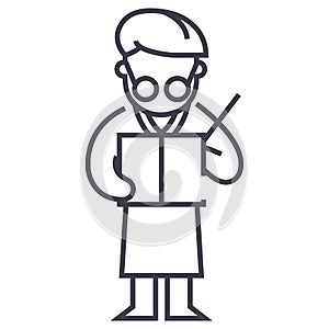 Scientist writing report vector line icon, sign, illustration on background, editable strokes
