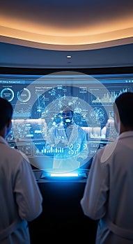 Scientists analyzing advanced holographic data in a cutting-edge research laboratory environment